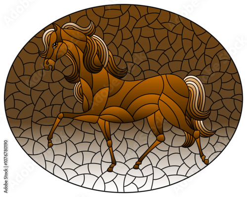 Illustration in the style of stained glass with abstract  horse on a sky background, oval image, tone brown