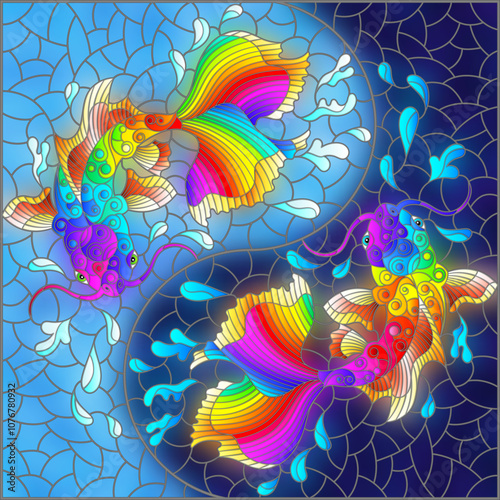 An illustration in the style of a stained glass window with koi carp on a background of water in the form of a yin yang sign