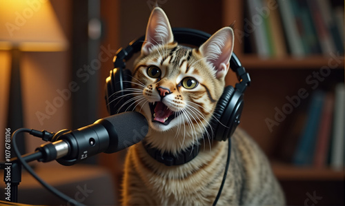 happy cat doing a podcast