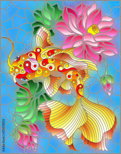 Illustration in stained glass style with a koi carp  on a background of pink lotuses and water