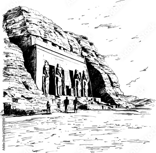 Black and white line art illustration of a temple carved into a cliff.