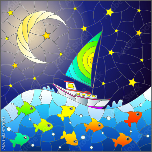 A stained glass illustration with a seascape, a ship against the background of the night sky and water