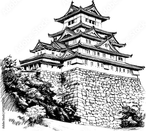 Black and white sketch of a Japanese castle with a stone wall.