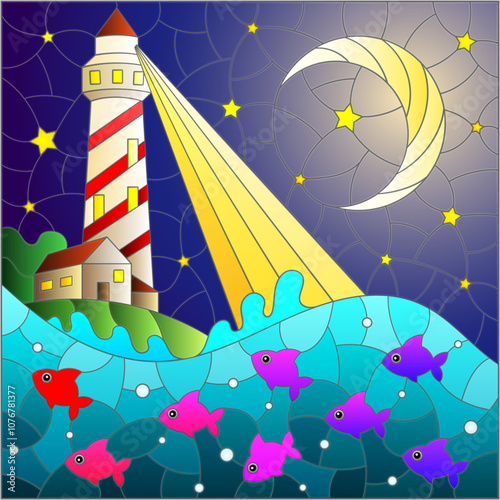 A stained glass illustration with a seascape, a lighthouse against the background of the night sky and water