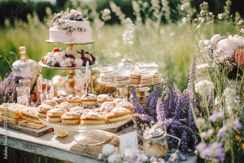 Dessert buffet table, food catering for wedding, party holiday celebration, lavender decor, cakes and desserts in a country garden, post-processed, generative ai