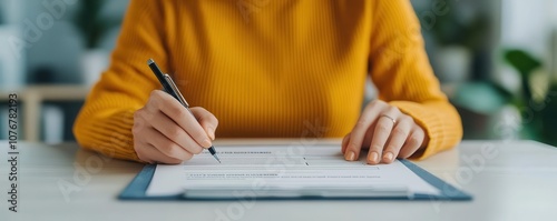 Confident candidate filling out job application form, professional setting, bright lighting, soft shadows