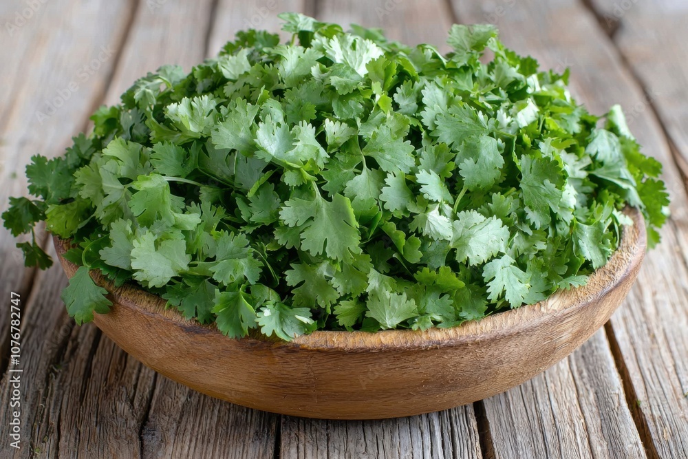 A wooden bowl filled with fresh cilantro leaves on a rustic wooden surface. A wooden bowl filled with fresh cilantro leaves on a rustic wooden surface.