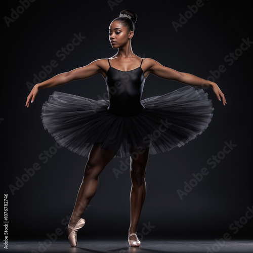 Black ballerina in black tutu, graceful pose against black background.