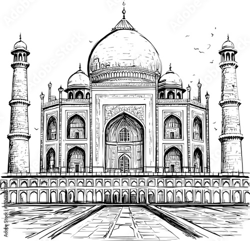 Hand drawn sketch of the Taj Mahal, a famous mausoleum in India.