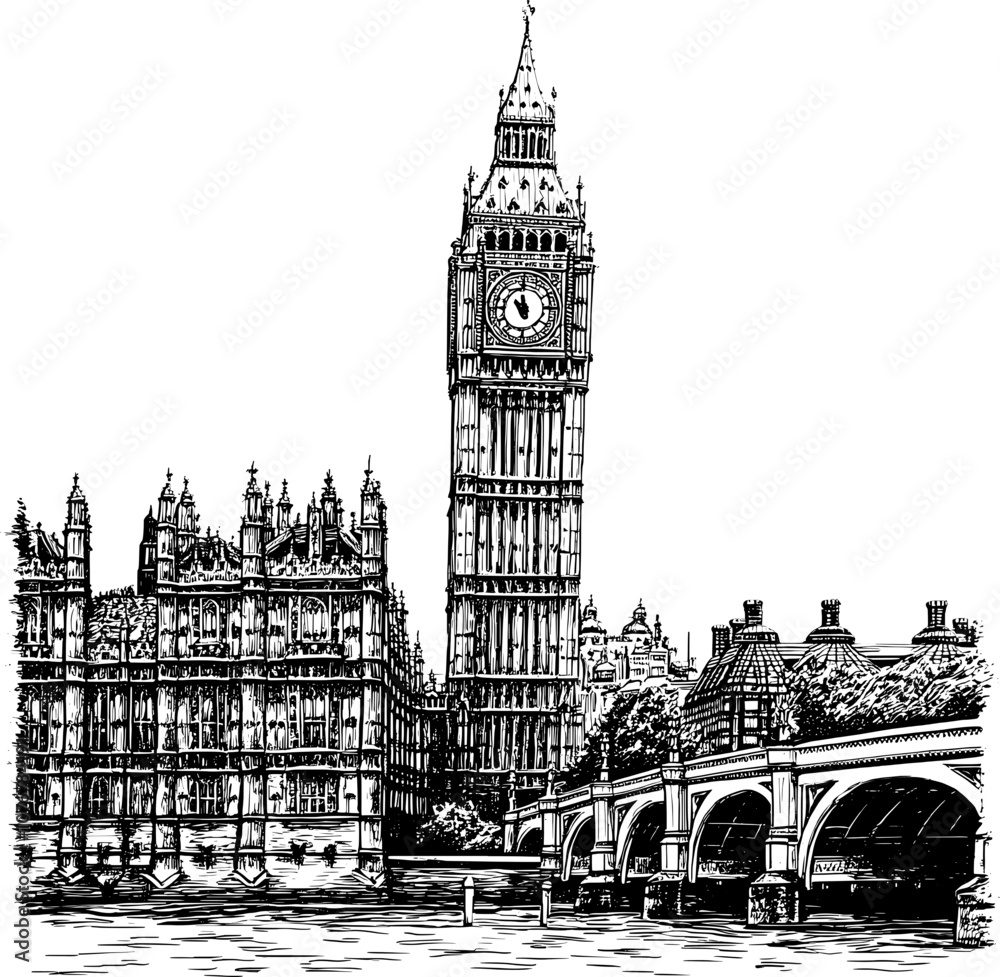 Fototapeta premium Hand-drawn illustration of Big Ben and Houses of Parliament.