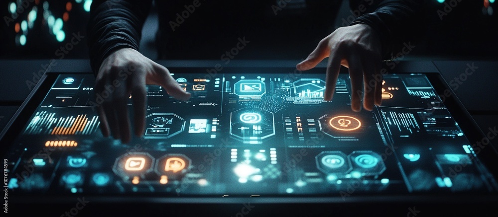 Fototapeta premium Futuristic touchscreen interface with interactive controls and data.