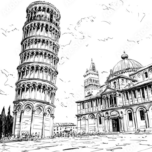 Hand-drawn sketch of the Leaning Tower of Pisa in Italy.