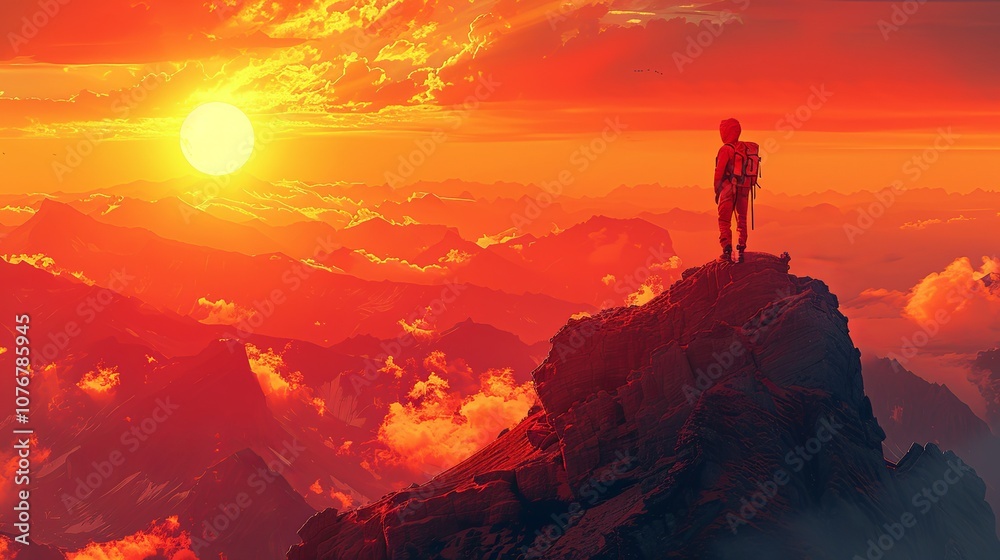 A traveler exploring a scenic mountain landscape, backpack on, looking out over the horizon, adventure and freedom, vibrant natural colors and sunlight