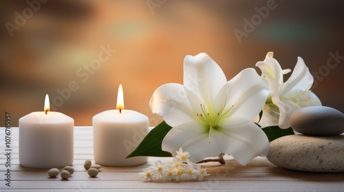 A serene spa environment with a focus on a table set with white lily blossoms, smooth stones, and gently flickering candles