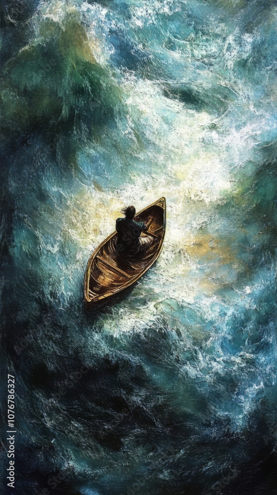 Aerial View of a Lone Rowboat Navigating Through Turbulent Ocean Waters Aerial View of a Lone Rowboat Navigating Through Turbulent Ocean Waters