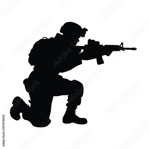 A soldier is crouching down and holding a rifle. He is wearing a backpack. The soldier is in the middle of a white background
