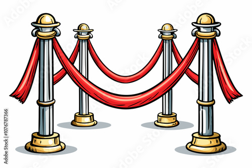 stanchions with red velvet rope vector on white isolated background, hand drawn sketch