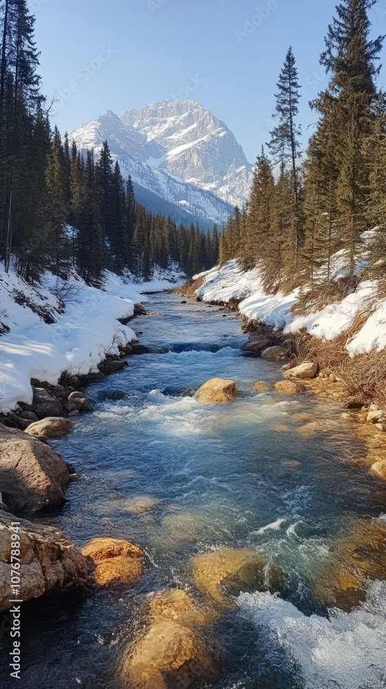 Mountain Stream Flowing Through a Snowy Valley Mountain Stream Flowing Through a Snowy Valley
