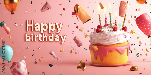 Birthday Cake Vector Background Design with Happy Birthday Greeting and Fun Cake Decorations for Kids' Party. Vector Illustration