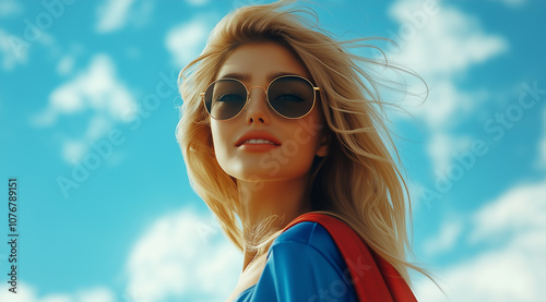 Portrait of a beautiful blonde woman in a blue costume with a red cape and sunglasses, standing against the sky with her hair flowing. Superwoman concept, a powerful superhero woma photo