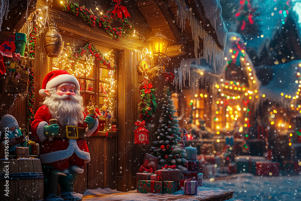 Festive winter wonderland with Santa by a cozy Christmas market lit by twinkling lights Festive winter wonderland with Santa by a cozy Christmas market lit by twinkling lights