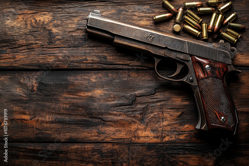 Pistol gun and scattered bullets on an old wooden table background with copy space.