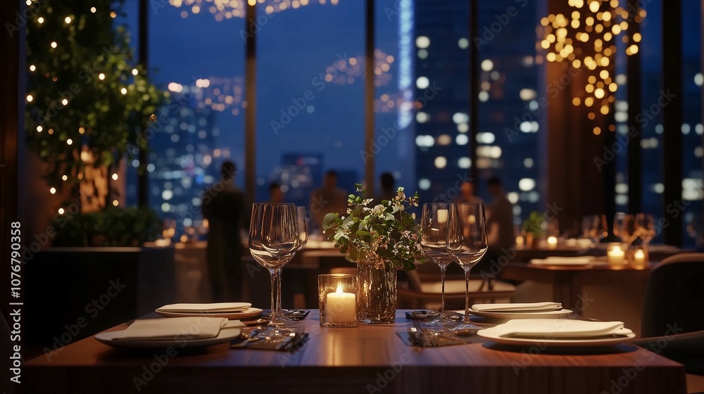 An elegantly set dining table in a upscale Restaurant during evening Service. Perfect for Restaurant Inspo and Advertisements. An elegantly set dining table in a upscale Restaurant during evening Service. Perfect for Restaurant Inspo and Advertisements.