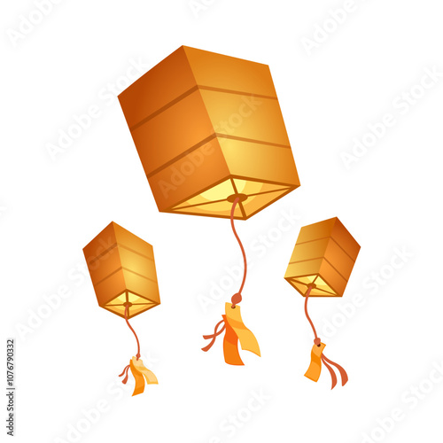 Flying Fire Lantern Symbol Sky Lantern Festival Cartoon Illustration Vector