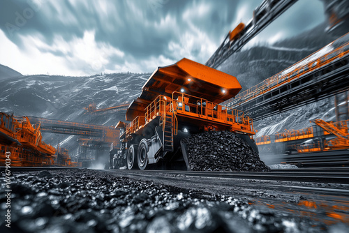 Heavy dump truck in a coal quarry. Coal mining background.