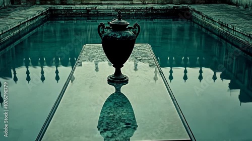 A large, black urn sits in the center of a rectangular pool, its reflection perfectly mirrored in the still water