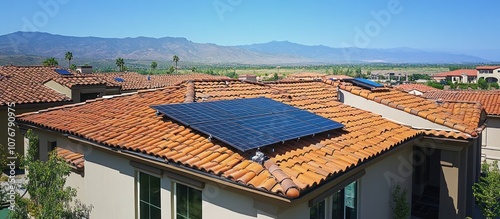 A solar panel system installed on a residential roof, with a view of mountains in the background.