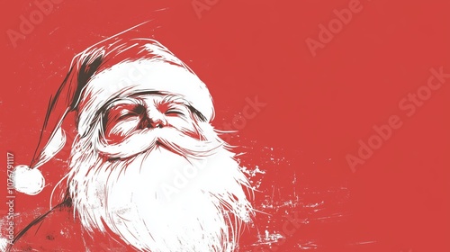 A detailed white ink sketch of Santa Claus on a bold red background featuring his iconic smiling face, hat, and flowing beard drawn with artistic strokes in a joyful and festive composition.