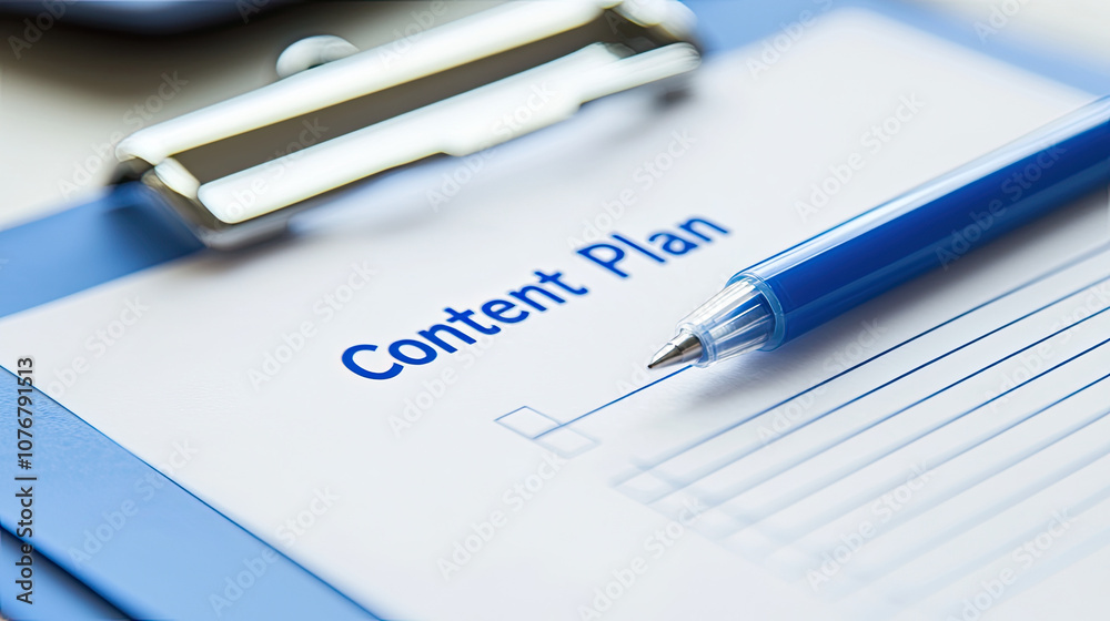 Content plan document with blue pen on clipboard, ready for notes and organization. Ideal for project management and brainstorming sessions Content plan document with blue pen on clipboard, ready for notes and organization. Ideal for project management and brainstorming sessions