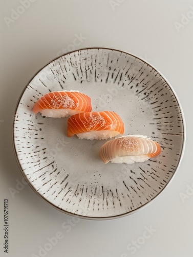 Hokkigai Nigiri, surf clam sushi on rice, traditional Japanese sushi on ceramic plate, close up photo with light background photo