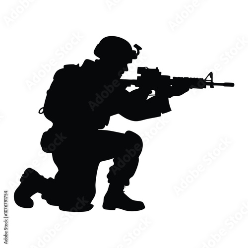 A soldier is crouching down and holding a rifle. He is wearing a backpack. The soldier is in the middle of a white background