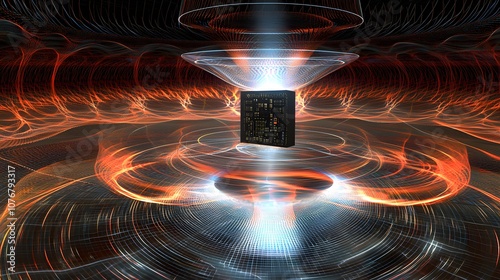 Quantum Resonance: A DSP chip hovering above a waveform, its shadow creating interference patterns. The duality of particles and waves is palpable.  photo