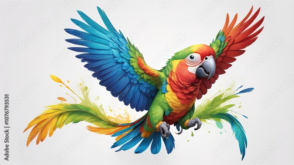 Obraz premium Smiling parrot cartoon, bright wings on a clean white background.