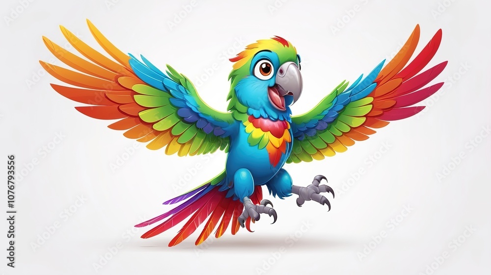 Fototapeta premium Cheerful parrot with colorful wings, perfect for a white backdrop. 