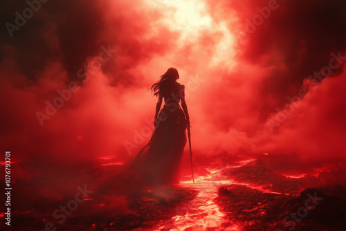 Girl in the dress with a sword in her hands walking through an empty battlefield engulfed in flames.