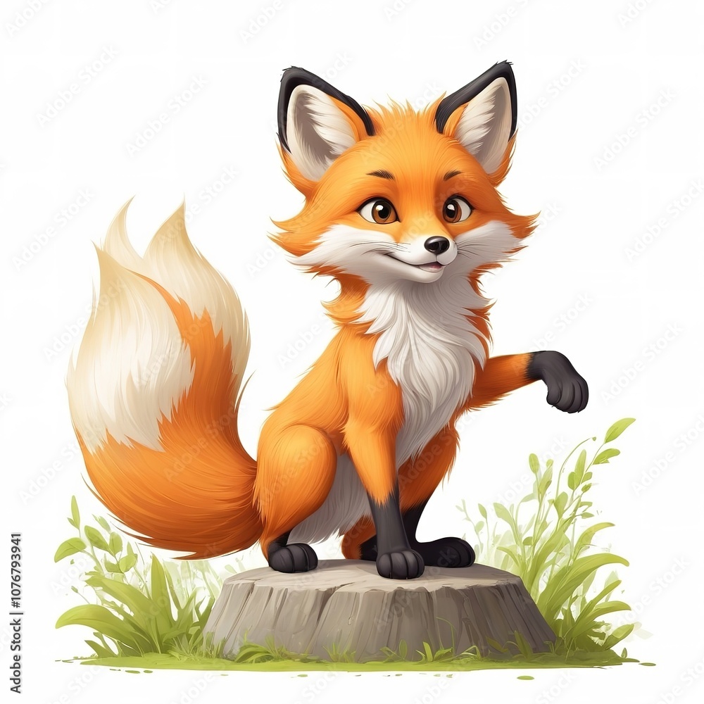 Fototapeta premium Charming orange fox with a bushy tail, cartoon and cute on white.