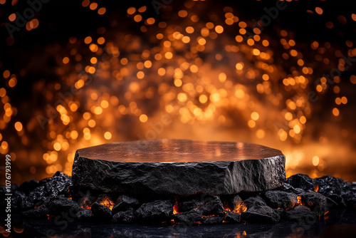 Black stone podium against a black wall in flames background with copy space for the product.