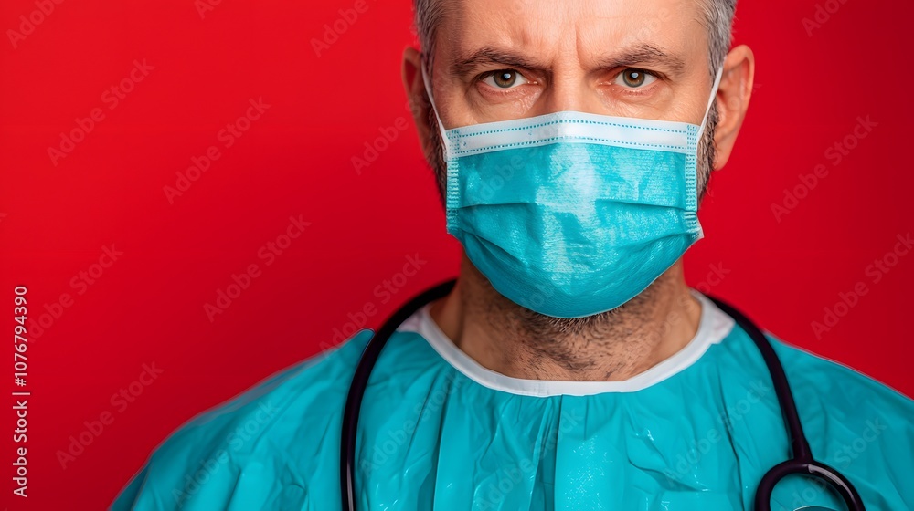 A determined doctor in protective gear faces challenges with a steadfast gaze against a bold backdrop. World Health Day Concept A determined doctor in protective gear faces challenges with a steadfast gaze against a bold backdrop. World Health Day Concept