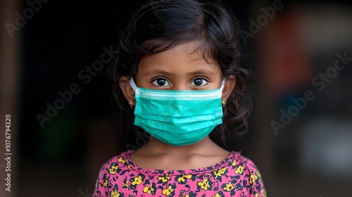 A Young Girl Wearing a Mask with Expressive Eyes Surrounded by a Soft, Out-of-Focus Background. World Health Day Concept photo