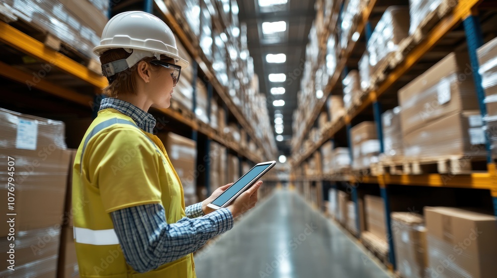 Female warehouse worker using a tablet to check inventory. Female warehouse worker using a tablet to check inventory.