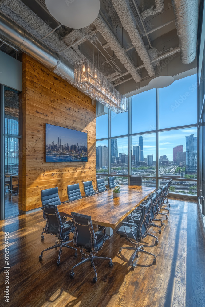 Fototapeta premium Bright and airy conference room featuring a large wooden table, stylish chairs, and expansive windows offering a panoramic view of the city skyline