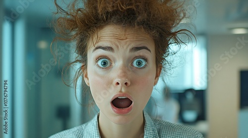 A woman with wild, frizzy hair displays a shocked look during a serious conversation at the office, showing a blend of surprise and urgency in expression.