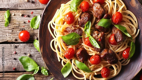 garlic, parsley, lemon zest, black pepper, extra virgin olive oilTitle: Festive Pasta Linguine with Fried Chicken Liver, Garnished with Garlic, Parsley, Lemon Zest, and Black Pepper, Served in a Top 