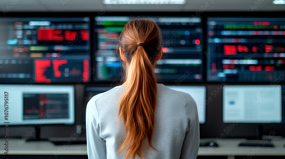 Focused female software engineer analyzes data server and blockchain network in state-of-the-art monitoring control room with IT team and digital screens Focused female software engineer analyzes data server and blockchain network in state-of-the-art monitoring control room with IT team and digital screens
