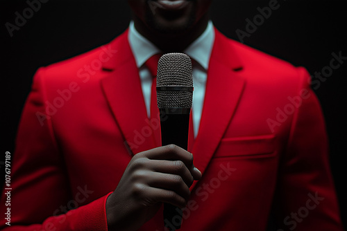 Man a showman holds in hands a microphone on a dark background close up.