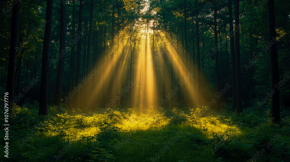 Obraz premium Warm sunlight streams through the trees, illuminating the vibrant green foliage in a tranquil forest setting at dusk